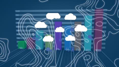 Animation-Von-Wolken-Mit-Technologiesymbolen-über-Isohypsen,-Grafiken-Und-Daten-Auf-Blauem-Hintergrund
