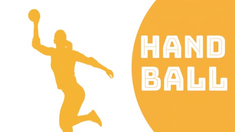 Animation-Von-Handballtext-über-Der-Silhouette-Einer-Handballspielerin,-Die-Den-Ball-Hält