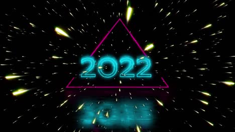 Animation-of-2022-text-over-triangle-and-light-spots