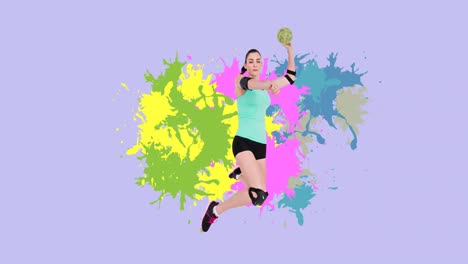Animation-of-caucasian-female-handball-player-throwing-ball-over-colourful-stains