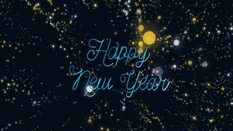 Animation-of-happy-new-year-text-in-blue-letters-over-spot-lights-on-black-background