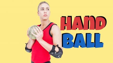 Animation-of-handball-text-over-caucasian-female-handball-player-holding-ball
