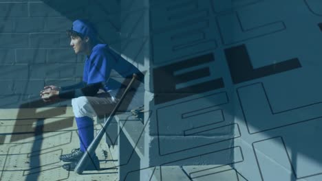 Animation-of-level-up-texts-over-caucasian-male-baseball-player-holding-ball