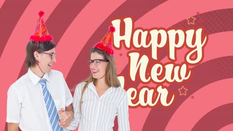Animation-of-happy-new-year-text-with-smiling-nerdy-couple-in-party-hats-on-pink-radial-stripes