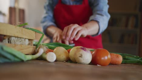 Senior-caucasian-woman-wearing-apron-and-cutting-vegetables-in-kitchen