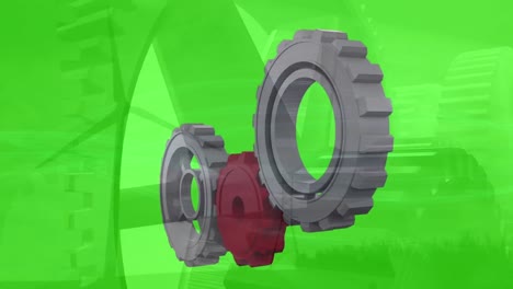 Animation-of-gears-rotating-over-mechanism-on-green-background