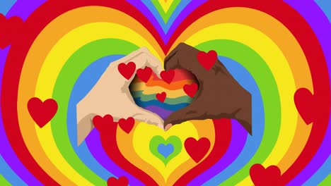 Animation-of-hearts-and-diverse-hands-over-rainbow-heart