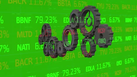 Animation-of-gears-rotating-over-stock-market-data-on-green-background