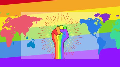 Animation-of-world-map-over-rainbow-fist-on-rainbow-background