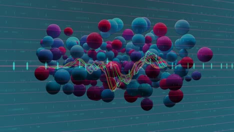 Animation-of-blue-and-pink-baubles-over-graph-on-dark-green-background