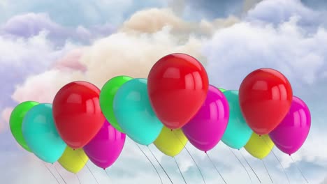 Animation-Von-Bunten-Luftballons,-Die-über-Wolken-Schweben