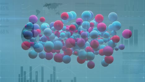 Animation-of-blue-and-pink-baubles-over-data-on-blue-background