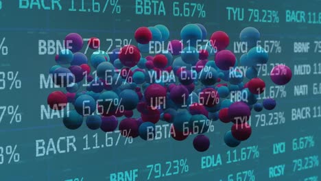 Animation-of-pink-and-blue-baubles-over-stock-market-data-on-green-background