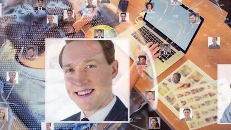 Animation-of-network-of-connections-with-photos-of-diverse-business-people-and-man-working-on-laptop