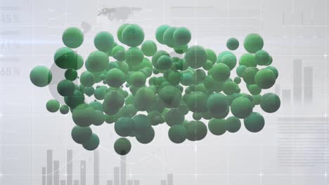 Animation-of-green-baubles-over-diverse-data-on-grey-background