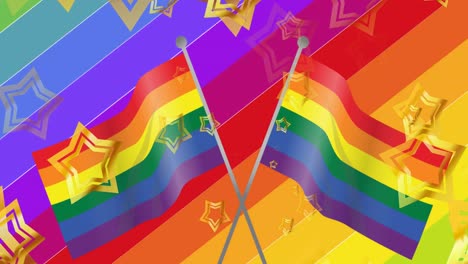 Animation-of-stars-over-rainbow-flags-on-rainbow-background