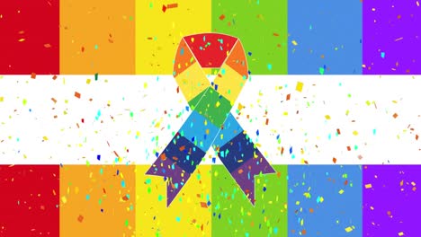 Animation-of-ribbon-and-confetti-over-rainbow-background