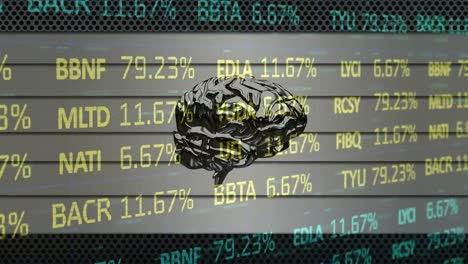 Animation-of-stock-market-data-over-rotating-brain-on-grey-background