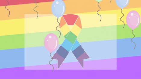 Animation-Von-Luftballons-über-Regenbogenband-Auf-Regenbogenhintergrund