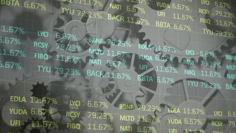 Animation-of-stock-market-data-and-arrows-over-rotating-gears-in-grey