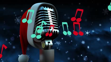 Animation-Von-Notizen-Und-Vintage-Mikrofon-Mit-Weihnachtsmütze-Auf-Blauem-Hintergrund-Mit-Schneeflocken