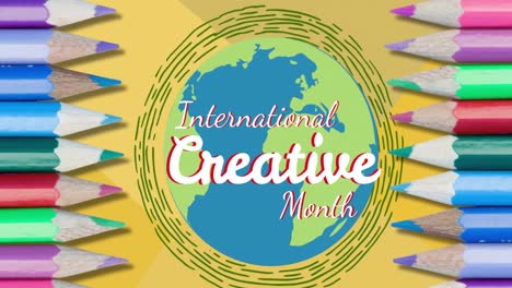Animation-Von-Bleistiften-Und-Text-Zum-Internationalen-Kreativmonat-über-Dem-Globus