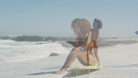Animation-of-biracial-female-surfer-over-female-surfer-at-beach