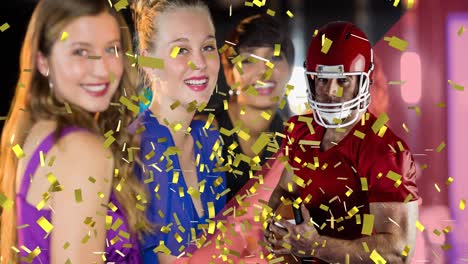 Animation-of-falling-confetti-an-american-football-player-over-woman