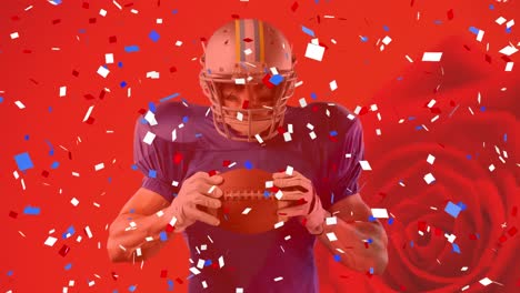 Animation-Von-Konfetti-Und-Rose-über-Einem-American-Football-Spieler-Auf-Rotem-Hintergrund