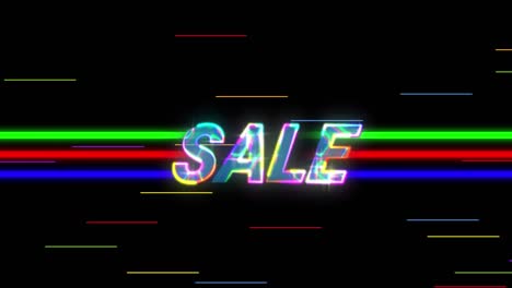 Animation-of-sale-text-in-glowing-letters-over-neon-stripes-on-black-background
