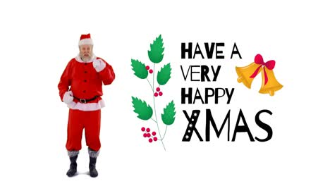 Animation-of-happy-christmas-text-over-christmas-decoration-and-santa-claus-on-white-background