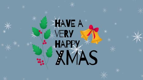 Animation-of-happy-christmas-text-over-christmas-decoration-and-snowflakes-on-blue-background