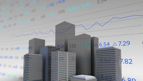 Digital-animation-of-stock-market-data-processing-over-3d-building-model-against-grey-background