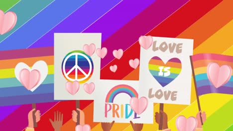 Animation-of-hearts-and-pride-texts-with-icons-over-rainbow