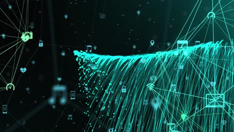 Animation-of-network-of-connections-on-green-and-green-lights-on-black-background