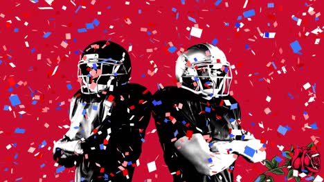 Animation-of-confetti-and-roses-over-american-football-players-on-red-background