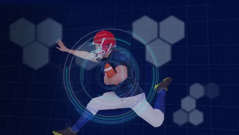 Animation-Eines-American-Football-Spielers-über-Sechsecken-Auf-Blauem-Hintergrund