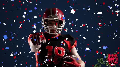 Animation-of-fireworks-and-roses-over-american-football-player-on-dark-blue-background