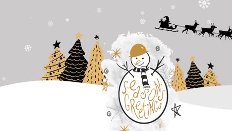 Animation-of-merry-seasons-greeting-text-over-winter-landscape