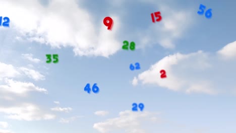 Animation-of-numbers-floating-over-cloudy-sky