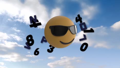 Animation-of-emoji-in-glasses-over-changing-numbers-and-letters-over-clouds