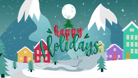 Animation-of-happy-holidays-text-over-winter-view-of-town