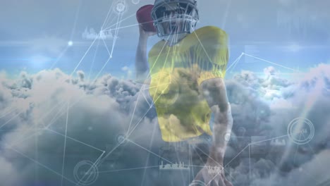 Animation-of-network-of-connections-and-data-processing-over-american-football-player-and-clouds