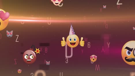 Animation-Von-Emoji-Symbolen-über-Buchstaben-Auf-Schwarzem-Hintergrund
