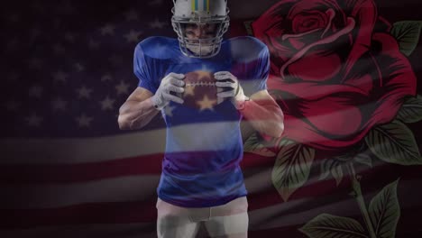 Animation-of-american-football-player-over-usa-flag-and-rose