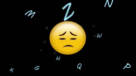 Animation-of-sad-emoji-over-floating-letters-on-black-background