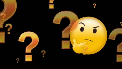 Animation-of-thinking-emoji-and-question-marks-floating-over-black-background