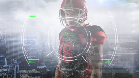 Animation-of-radar,-data-and-cityscape-over-american-football-player
