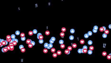 Animation-of-floating-heart-and-like-icons-over-numbers-on-black-background