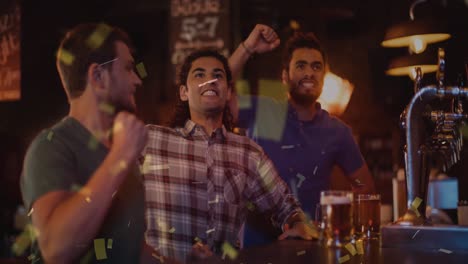 Animation-of-confetti-falling-men-drinking-beer-in-bar